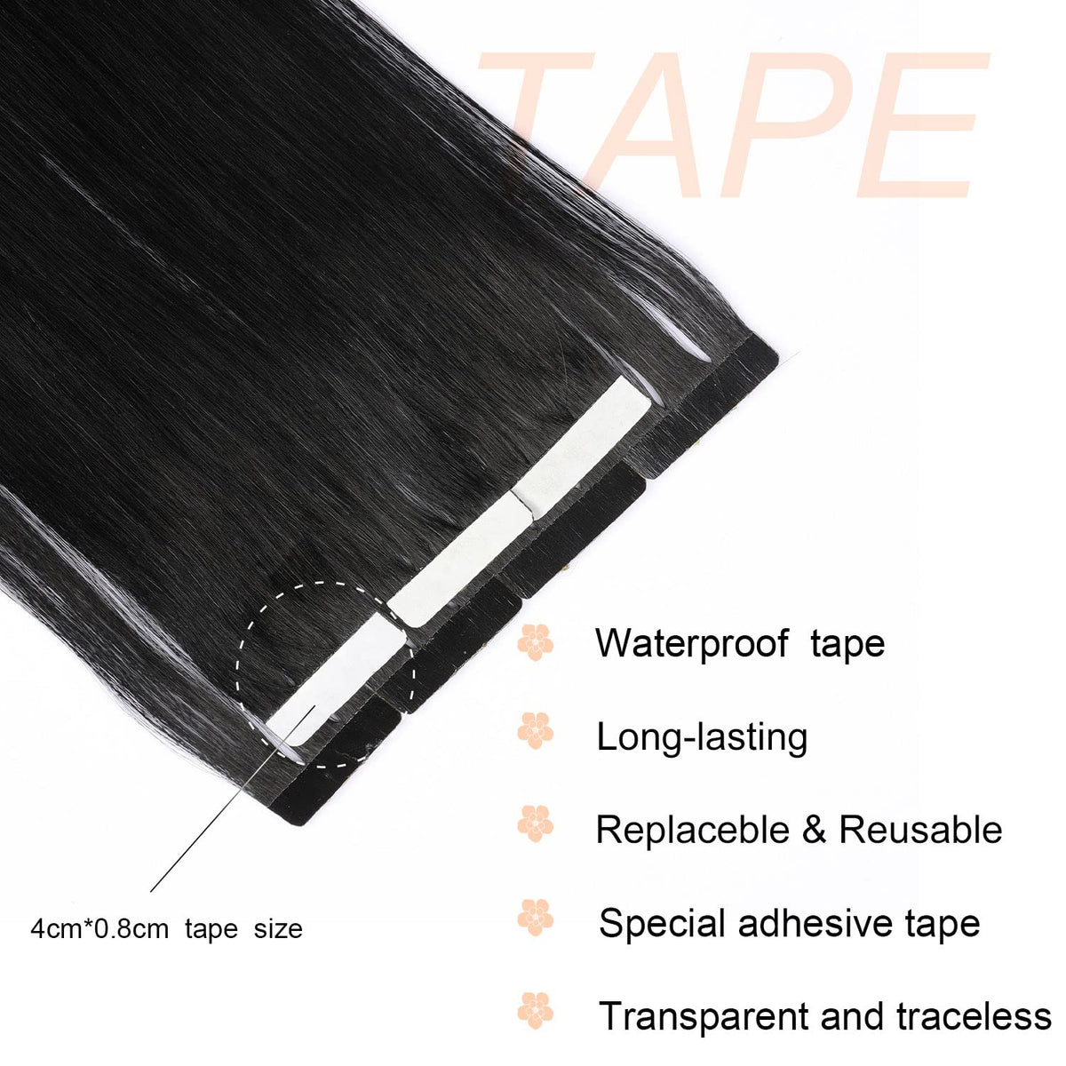 DIYOMO Tape in Hair Extensions Human Hair,#1 Jet Black Hair Extensions Handcrafted Soft & Smooth Remy Hair Extensions for Women,2.5g/Pcs 50g/Pack,#1B