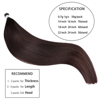 DIYOMO I Tip Hair Extensions Human Hair,Cold Fusion Soft Abnormal Hair Extensions 50 Strands Pre Keratin Bonded, Itip Human Hair Extensions,#2