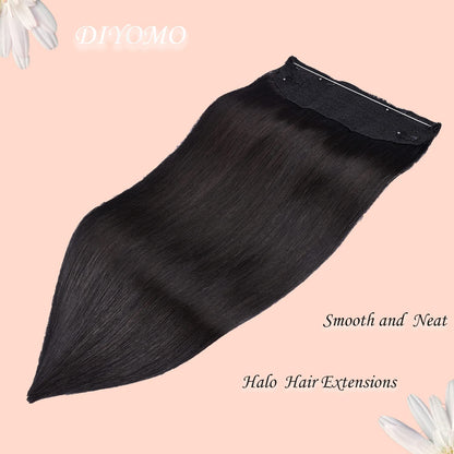 Wire Hair Extensions，DIYOMO Halo Hair Extensions Real Human Hair Black Hair Extensions Transparent Headband Adjustable Size Removable Secure，Hair Halo Extensions for Women,#1