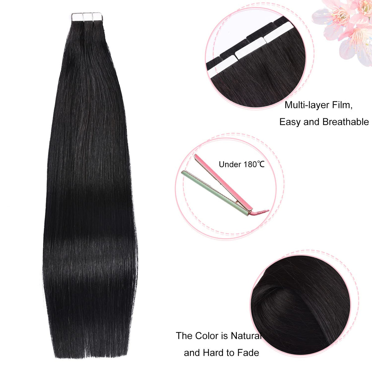 DIYOMO Tape in Hair Extensions Human Hair,#1 Jet Black Hair Extensions Handcrafted Soft & Smooth Remy Hair Extensions for Women,2.5g/Pcs 50g/Pack,#1B