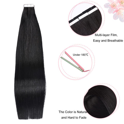 DIYOMO Tape in Hair Extensions Human Hair,#1 Jet Black Hair Extensions Handcrafted Soft & Smooth Remy Hair Extensions for Women,2.5g/Pcs 50g/Pack,#1B