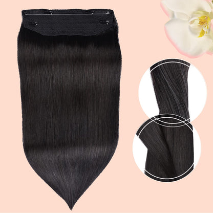 Wire Hair Extensions，DIYOMO Halo Hair Extensions Real Human Hair Black Hair Extensions Transparent Headband Adjustable Size Removable Secure，Hair Halo Extensions for Women,#1
