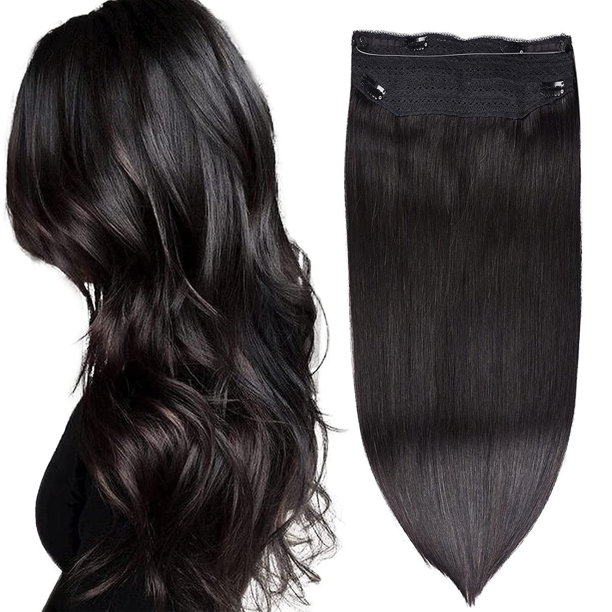 Wire Hair Extensions，DIYOMO Halo Hair Extensions Real Human Hair Natural Black Hair Extensions Transparent Headband Adjustable Size Removable Secure，Hair Halo Extensions for Women,#1B