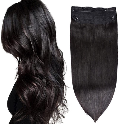 Wire Hair Extensions，DIYOMO Halo Hair Extensions Real Human Hair Natural Black Hair Extensions Transparent Headband Adjustable Size Removable Secure，Hair Halo Extensions for Women,#1B