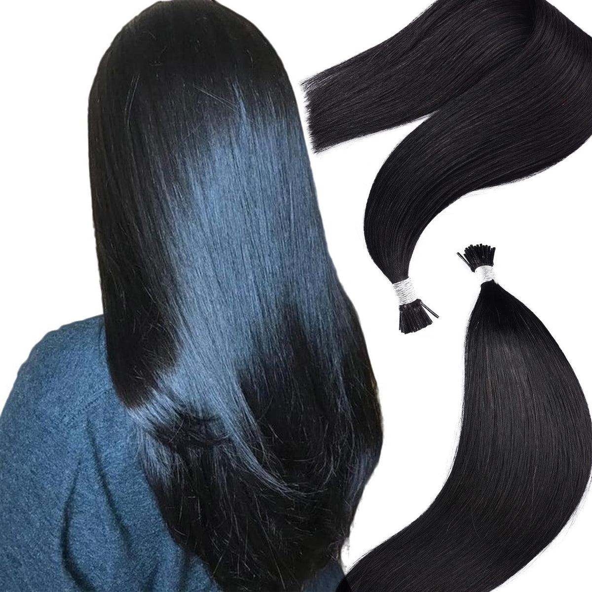 DIYOMO I Tip Hair Extensions Human Hair,Cold Fusion Soft Abnormal Hair Extensions 50 Strands Pre Keratin Bonded, Itip Human Hair Extensions,#1