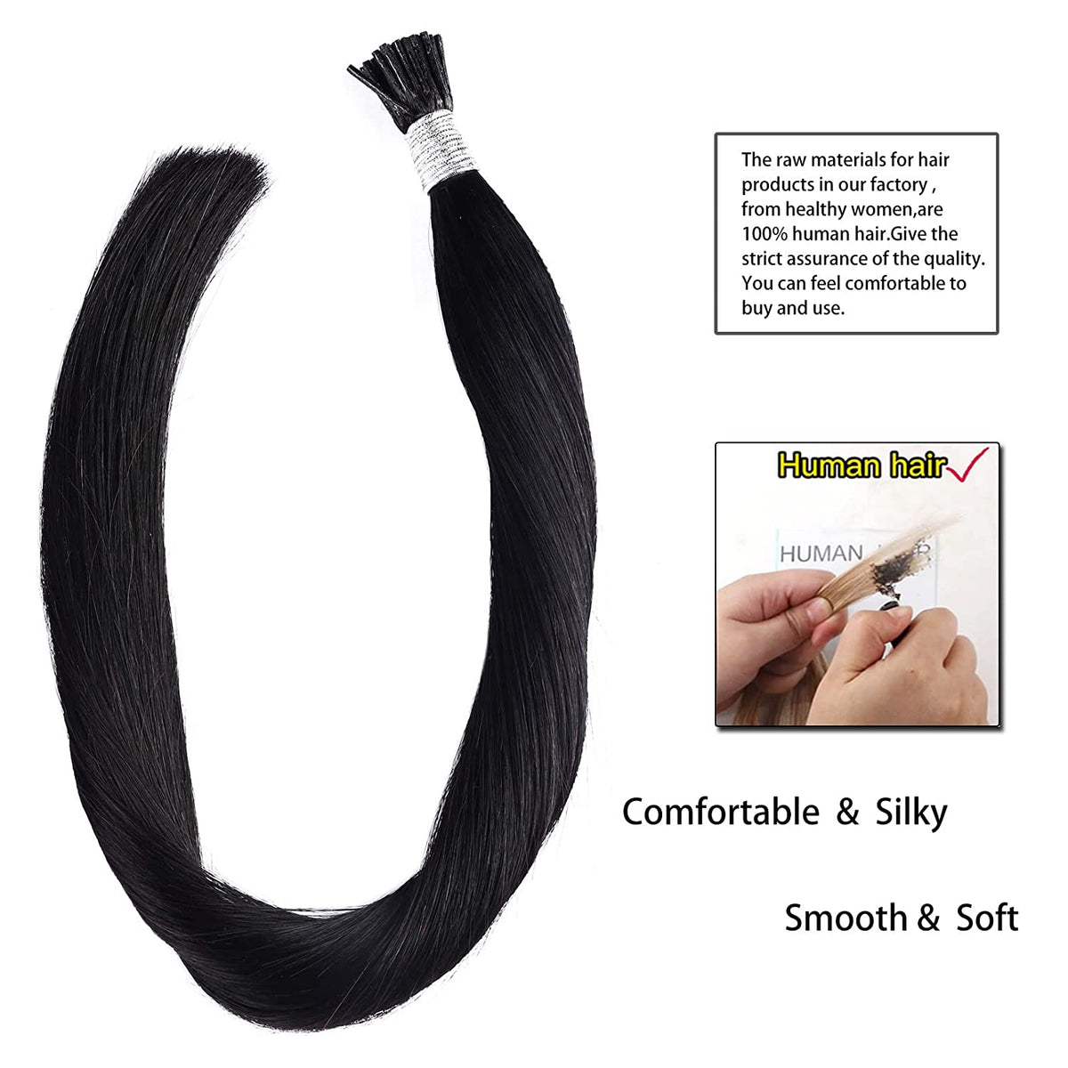 DIYOMO I Tip Hair Extensions Human Hair,Cold Fusion Soft Abnormal Hair Extensions 50 Strands Pre Keratin Bonded, Itip Human Hair Extensions,#1