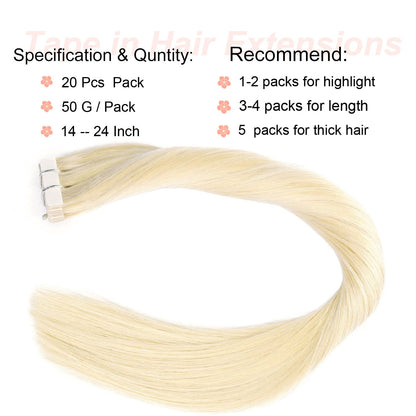 DIYOMO Tape in Hair Extensions Human Hair,#60 Platinum Blonde Hair Extensions Handcrafted Soft & Smooth Remy Hair Extensions for Women,2.5g/Pcs 50g/Pack,#60