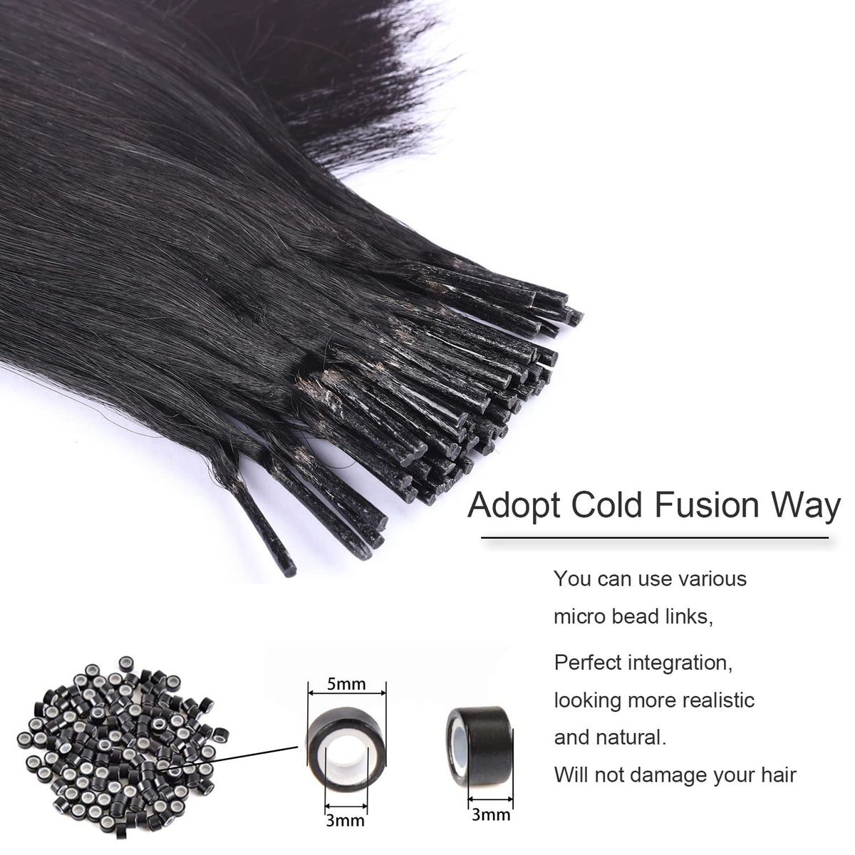 DIYOMO I Tip Hair Extensions Human Hair,Cold Fusion Soft Abnormal Hair Extensions 50 Strands Pre Keratin Bonded, Itip Human Hair Extensions,#1