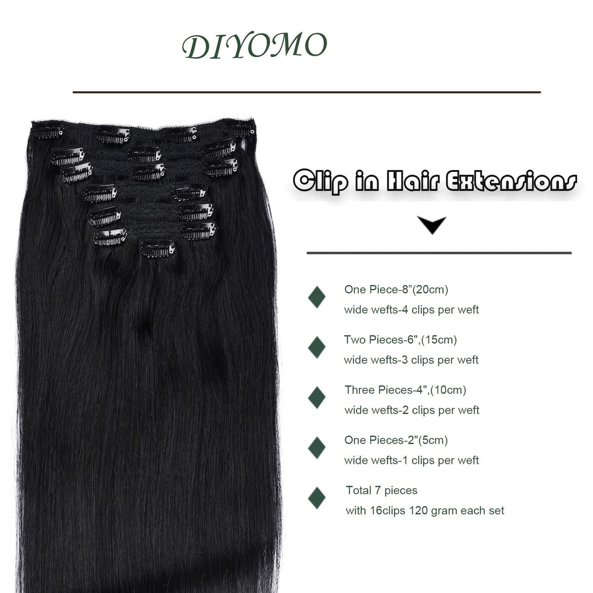 DIYOMO Clip in Hair Extensions Real Human Hair Soft & Natural black Remy Seamless Clip ins 120g 7pcs Clip on Hair Extensions Clip in Human Hair for Women,#1B