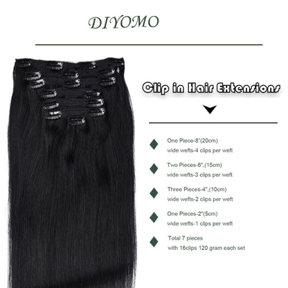 DIYOMO Clip in Hair Extensions Real Human Hair Soft & Natural black Remy Seamless Clip ins 120g 7pcs Clip on Hair Extensions Clip in Human Hair for Women,#1B
