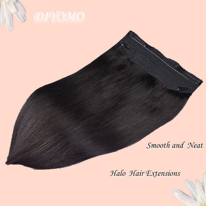 Wire Hair Extensions，DIYOMO Halo Hair Extensions Real Human Hair Natural Black Hair Extensions Transparent Headband Adjustable Size Removable Secure，Hair Halo Extensions for Women,#1B