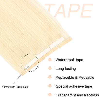 DIYOMO Tape in Hair Extensions Human Hair,#60 Platinum Blonde Hair Extensions Handcrafted Soft & Smooth Remy Hair Extensions for Women,2.5g/Pcs 50g/Pack,#60