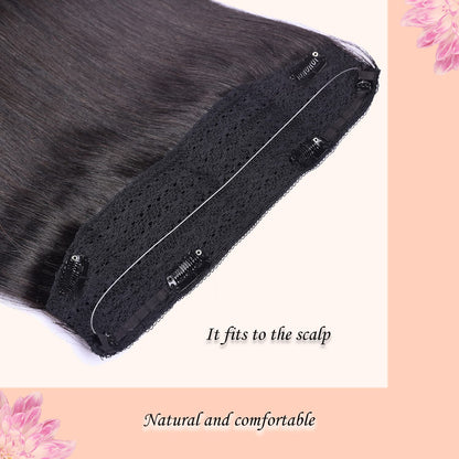 Wire Hair Extensions，DIYOMO Halo Hair Extensions Real Human Hair Natural Black Hair Extensions Transparent Headband Adjustable Size Removable Secure，Hair Halo Extensions for Women,#1B