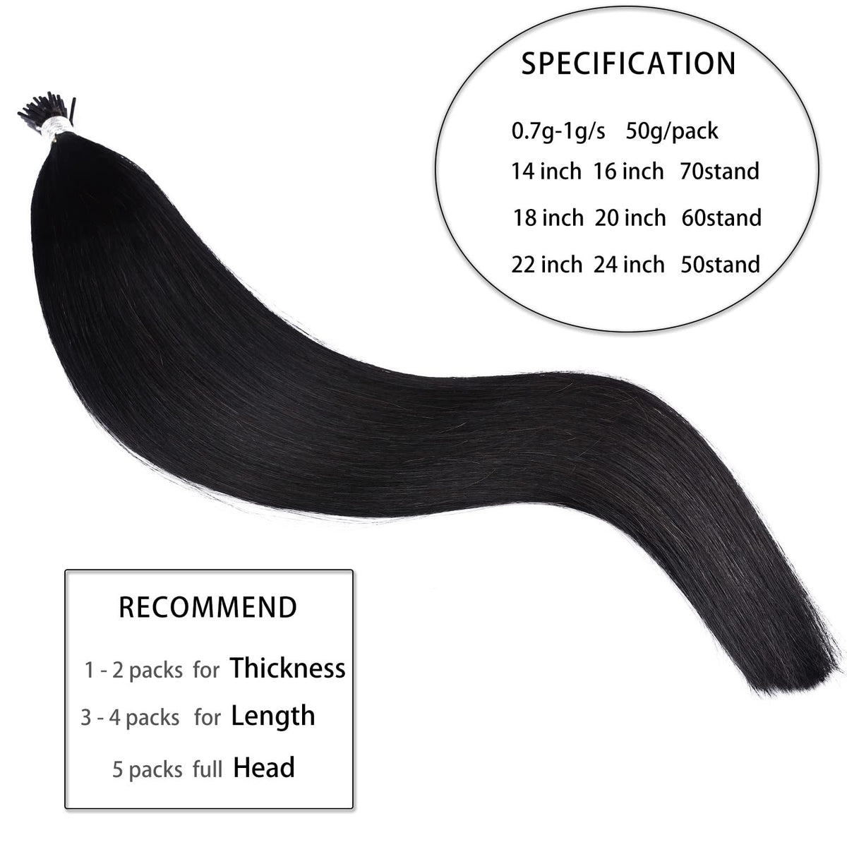 DIYOMO I Tip Hair Extensions Human Hair,Cold Fusion Soft Abnormal Hair Extensions 50 Strands Pre Keratin Bonded, Itip Human Hair Extensions,#1
