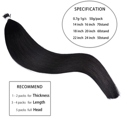 DIYOMO I Tip Hair Extensions Human Hair,Cold Fusion Soft Abnormal Hair Extensions 50 Strands Pre Keratin Bonded, Itip Human Hair Extensions,#1
