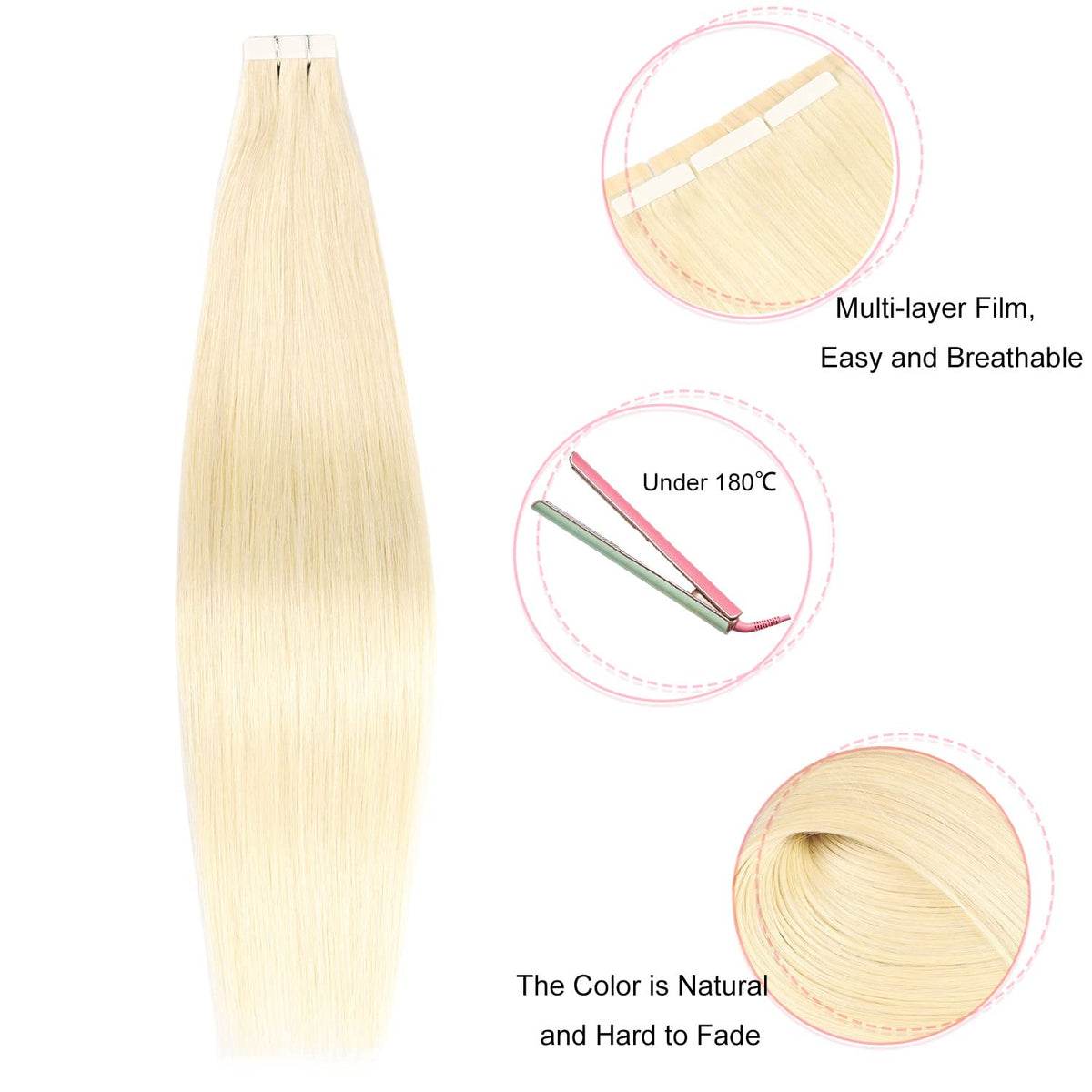 DIYOMO Tape in Hair Extensions Human Hair,#60 Platinum Blonde Hair Extensions Handcrafted Soft & Smooth Remy Hair Extensions for Women,2.5g/Pcs 50g/Pack,#60