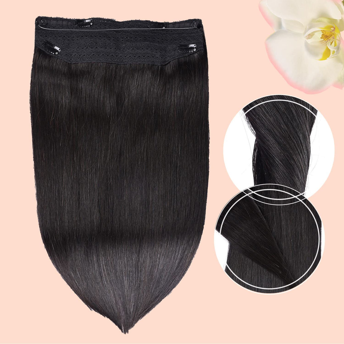 Wire Hair Extensions，DIYOMO Halo Hair Extensions Real Human Hair Natural Black Hair Extensions Transparent Headband Adjustable Size Removable Secure，Hair Halo Extensions for Women,#1B