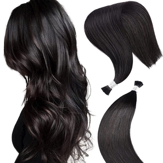 DIYOMO I Tip Hair Extensions Human Hair,Cold Fusion Soft Abnormal Hair Extensions 50 Strands Pre Keratin Bonded, Itip Human Hair Extensions,#1B