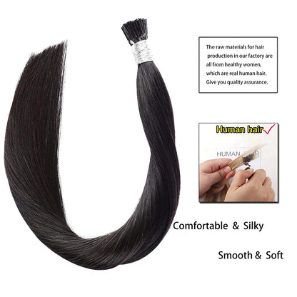 DIYOMO I Tip Hair Extensions Human Hair,Cold Fusion Soft Abnormal Hair Extensions 50 Strands Pre Keratin Bonded, Itip Human Hair Extensions,#1B