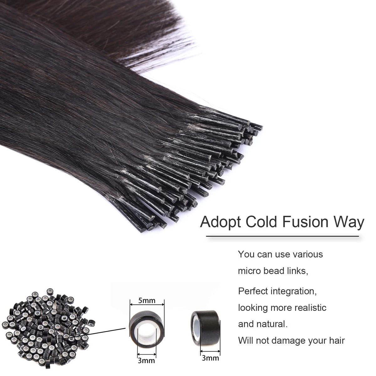 DIYOMO I Tip Hair Extensions Human Hair,Cold Fusion Soft Abnormal Hair Extensions 50 Strands Pre Keratin Bonded, Itip Human Hair Extensions,#1B