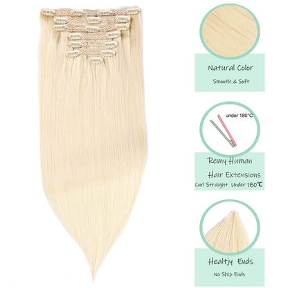 DIYOMO Platinum Blonde Clip in Hair Extensions Real Human Hair Remy Seamless Natural Straight Human Hair Clip ins Thick 120g 7pcs Clip In Hair Extensions Real Human Hair for Women,#60