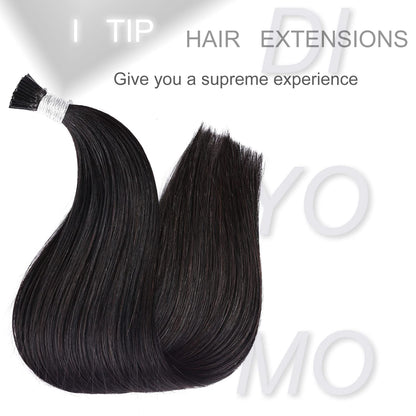 DIYOMO I Tip Hair Extensions Human Hair,Cold Fusion Soft Abnormal Hair Extensions 50 Strands Pre Keratin Bonded, Itip Human Hair Extensions,#1B