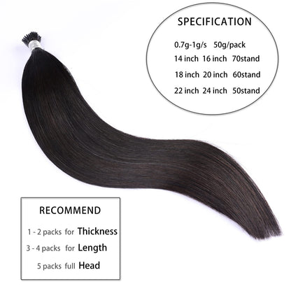 DIYOMO I Tip Hair Extensions Human Hair,Cold Fusion Soft Abnormal Hair Extensions 50 Strands Pre Keratin Bonded, Itip Human Hair Extensions,#1B
