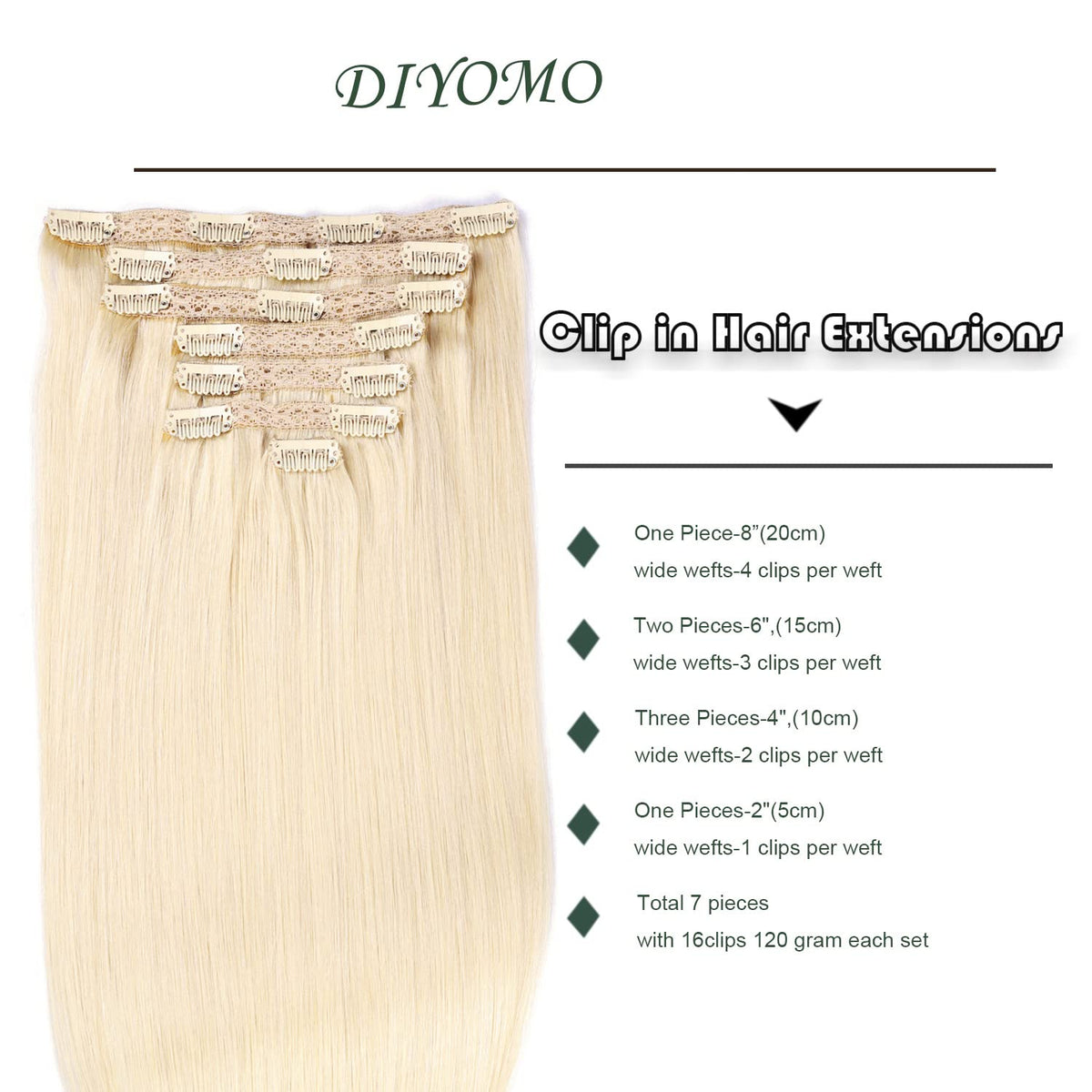 DIYOMO Platinum Blonde Clip in Hair Extensions Real Human Hair Remy Seamless Natural Straight Human Hair Clip ins Thick 120g 7pcs Clip In Hair Extensions Real Human Hair for Women,#60