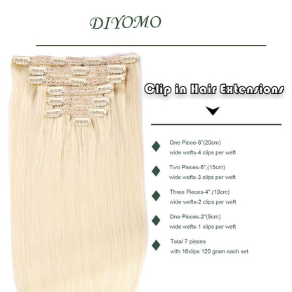 DIYOMO Platinum Blonde Clip in Hair Extensions Real Human Hair Remy Seamless Natural Straight Human Hair Clip ins Thick 120g 7pcs Clip In Hair Extensions Real Human Hair for Women,#60