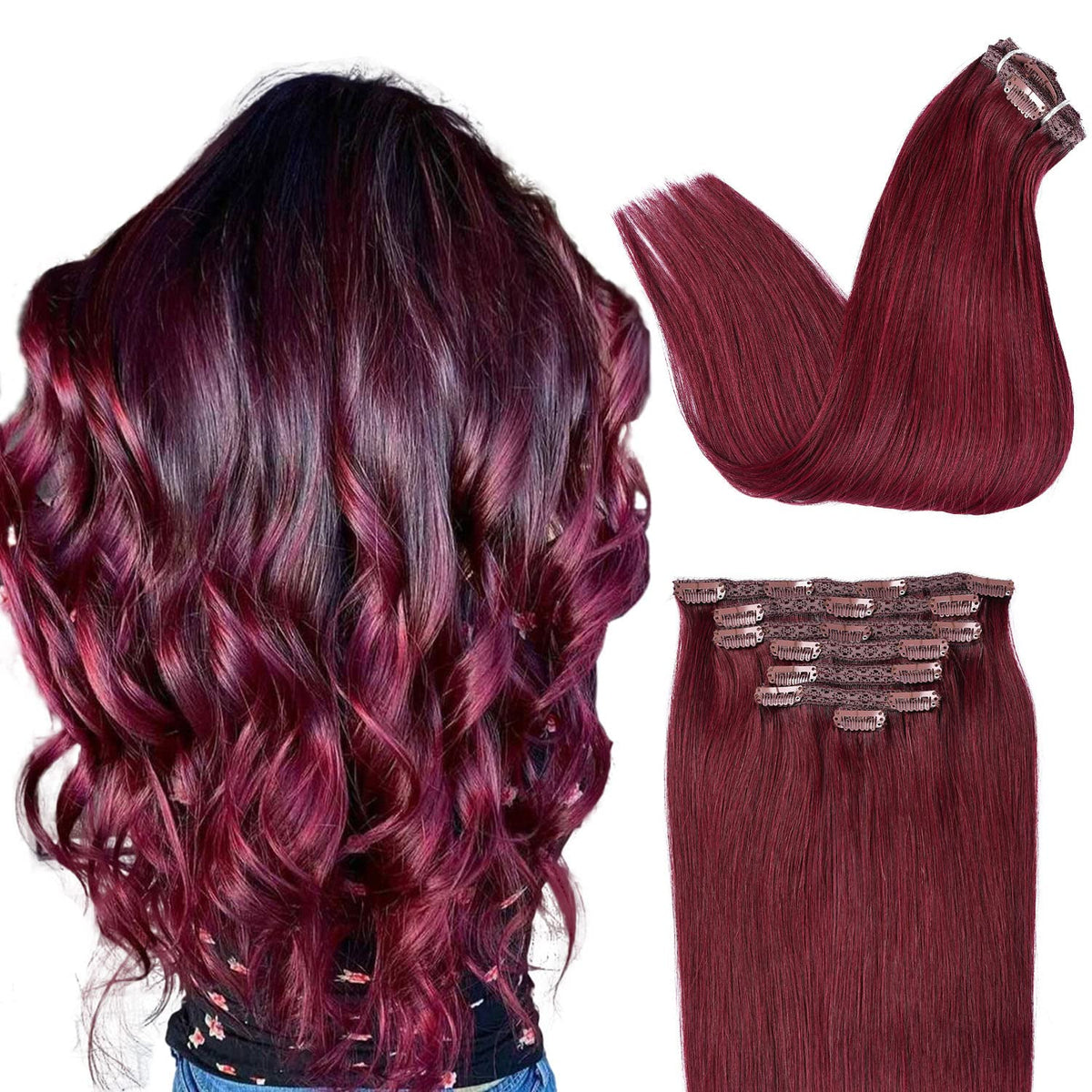 DIYOMO Clip in Hair Extensions Real Human Hair Wine Red 99J Burgundy Dark Red Clip in Human Hair Extensions 120g 7pcs Clip on Hair Extensions Clip Ins