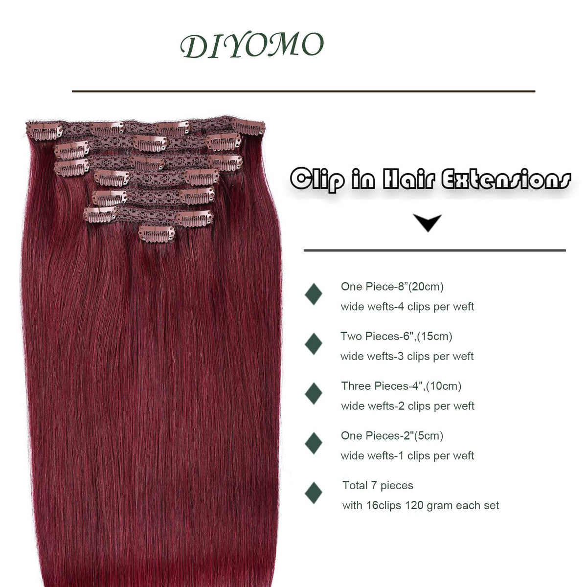 DIYOMO Clip in Hair Extensions Real Human Hair Wine Red 99J Burgundy Dark Red Clip in Human Hair Extensions 120g 7pcs Clip on Hair Extensions Clip Ins
