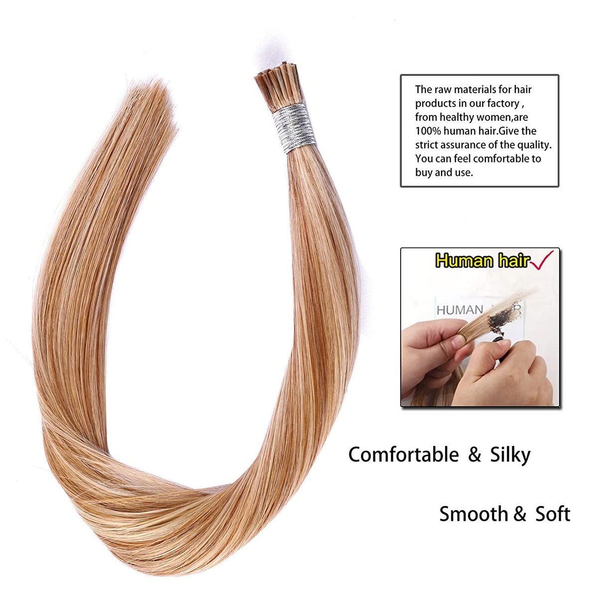 DIYOMO I Tip Hair Extensions Human Hair,Cold Fusion Soft Abnormal Hair Extensions 50 Strands Pre Keratin Bonded, Itip Human Hair Extensions,#P18/613