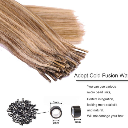 DIYOMO I Tip Hair Extensions Human Hair,Cold Fusion Soft Abnormal Hair Extensions 50 Strands Pre Keratin Bonded, Itip Human Hair Extensions,#P18/613