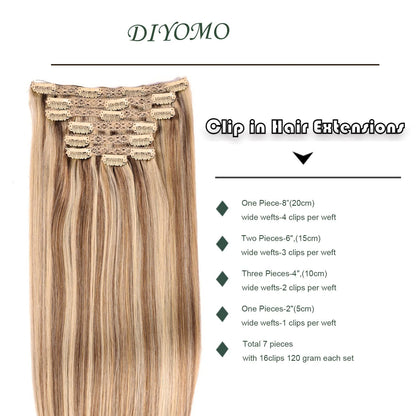 DIYOMO Ash Blonde Highlighted Bleach Blonde Clip in Hair Extensions Real Human Hair Remy Seamless Straight Natural Clip ins Thick 120g 7pcs Clip on Hair Extensions Clip in Human Hair for Women,#P18/613