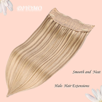 Wire Hair Extensions,DIYOMO Halo Hair Extensions Real Human Hair Hair Extensions Transparent Headband Adjustable Size Removable Secure，Hair Halo Extensions for Women,#P18/613
