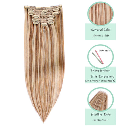 DIYOMO Ash Blonde Highlighted Bleach Blonde Clip in Hair Extensions Real Human Hair Remy Seamless Straight Natural Clip ins Thick 120g 7pcs Clip on Hair Extensions Clip in Human Hair for Women,#P18/613
