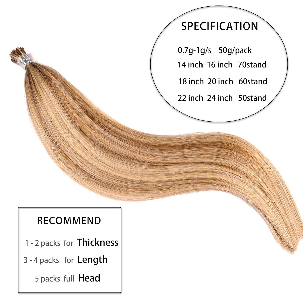 DIYOMO I Tip Hair Extensions Human Hair,Cold Fusion Soft Abnormal Hair Extensions 50 Strands Pre Keratin Bonded, Itip Human Hair Extensions,#P18/613