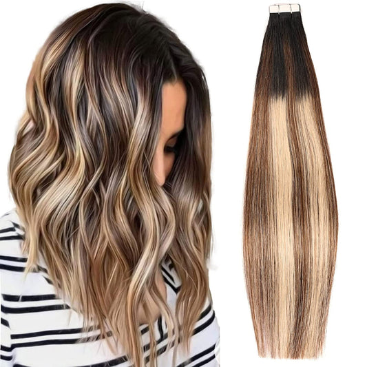 Tape in Hair Extensions Human Hair,DIYOMO Black to Chocolate Brown and Caramel Blonde Hair Extensions Handcrafted Soft & Smooth Remy Hair Extensions for Women,#1B/4/27 2.5g/Pcs 50g/Pack