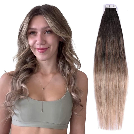 Tape in Hair Extensions Human Hair,DIYOMO #T1B/8P/60 Ash Brown Fading to Dirty Blonde and Ash Blonde Hair Extensions Handcrafted Soft & Smooth Remy Hair Extensions for Women,2.5g/Pcs 50g/Pack