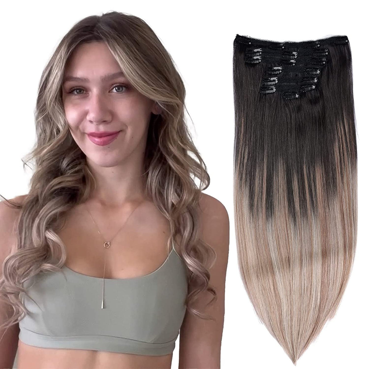 DIYOMO Ash Brown Fading to Dirty Blonde and Ash Blonde Clip in Hair Extensions Real Human Hair Remy Seamless Straight Natural Clip ins Thick 120g 7pcs Clip on Hair Extensions Clip in Human Hair for Women,#T1B-8P/60