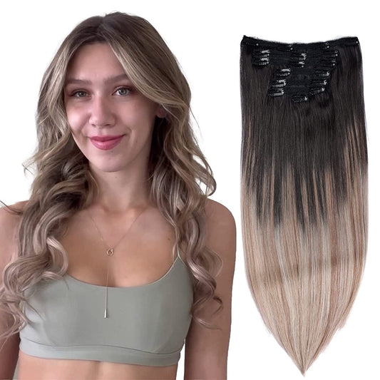 DIYOMO Ash Brown Fading to Dirty Blonde and Ash Blonde Clip in Hair Extensions Real Human Hair Remy Seamless Straight Natural Clip ins Thick 120g 7pcs Clip on Hair Extensions Clip in Human Hair for Women,#T1B-8P/60