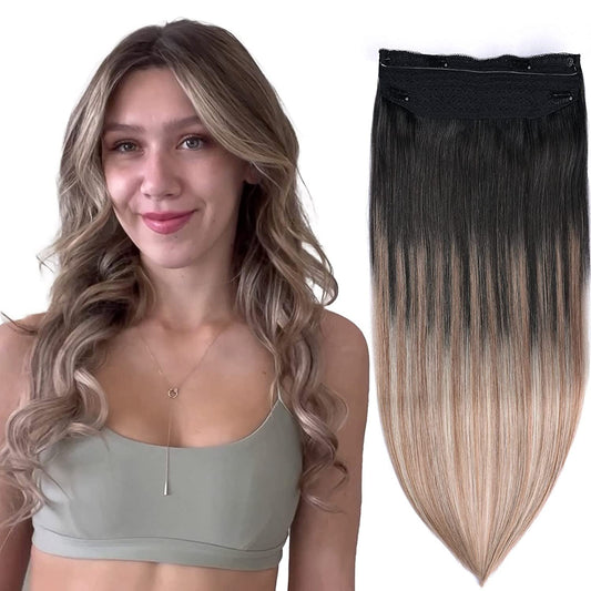 Wire Hair Extensions,DIYOMO Halo Hair Extensions Real Human Hair Hair Extensions Transparent Headband Adjustable Size Removable Secure，Hair Halo Extensions for Women,#T1B-8P/60