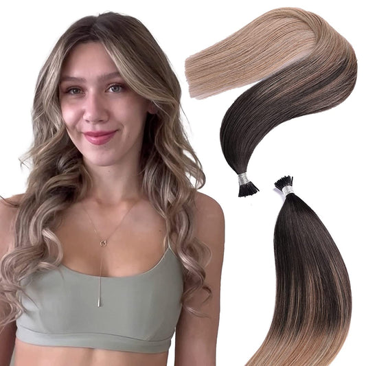 DIYOMO I Tip Hair Extensions Human Hair,Cold Fusion Soft Abnormal Hair Extensions 60 Strands Pre Keratin Bonded, Itip Human Hair Extensions,#T1B-8P/60
