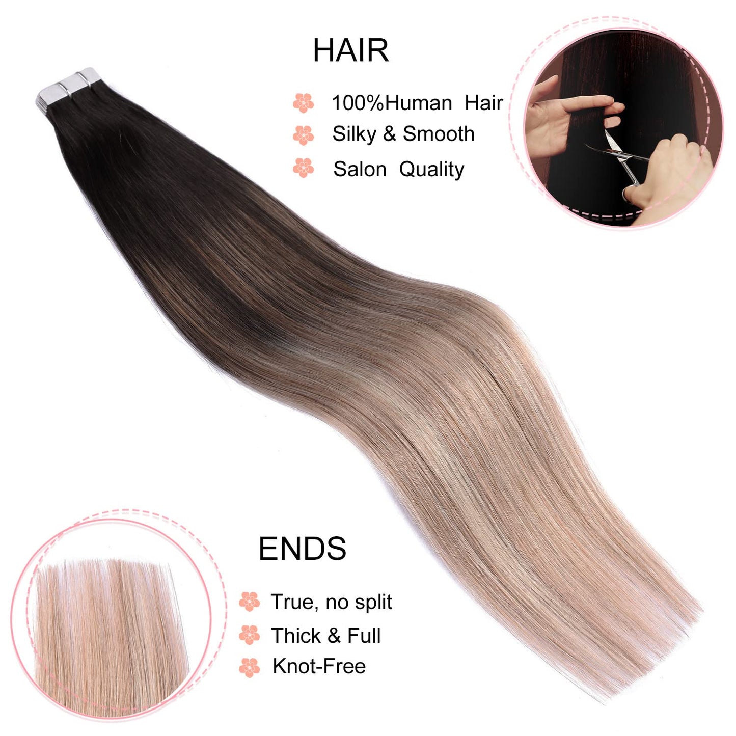 Tape in Hair Extensions Human Hair,DIYOMO #T1B/8P/60 Ash Brown Fading to Dirty Blonde and Ash Blonde Hair Extensions Handcrafted Soft & Smooth Remy Hair Extensions for Women,2.5g/Pcs 50g/Pack