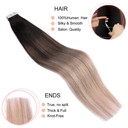 Tape in Hair Extensions Human Hair,DIYOMO #T1B/8P/60 Ash Brown Fading to Dirty Blonde and Ash Blonde Hair Extensions Handcrafted Soft & Smooth Remy Hair Extensions for Women,2.5g/Pcs 50g/Pack