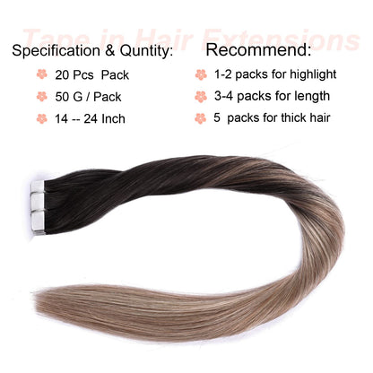 Tape in Hair Extensions Human Hair,DIYOMO #T1B/8P/60 Ash Brown Fading to Dirty Blonde and Ash Blonde Hair Extensions Handcrafted Soft & Smooth Remy Hair Extensions for Women,2.5g/Pcs 50g/Pack