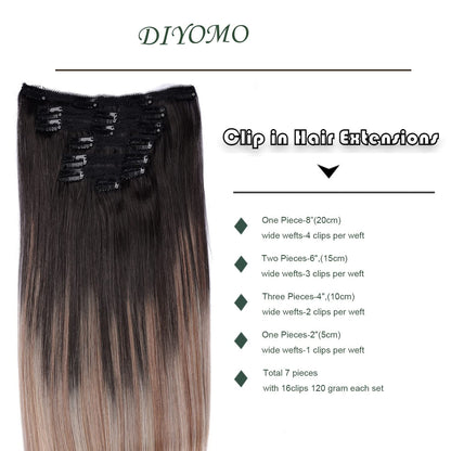 DIYOMO Ash Brown Fading to Dirty Blonde and Ash Blonde Clip in Hair Extensions Real Human Hair Remy Seamless Straight Natural Clip ins Thick 120g 7pcs Clip on Hair Extensions Clip in Human Hair for Women,#T1B-8P/60