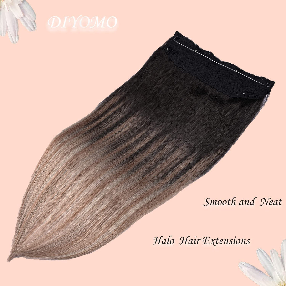 Wire Hair Extensions,DIYOMO Halo Hair Extensions Real Human Hair Hair Extensions Transparent Headband Adjustable Size Removable Secure，Hair Halo Extensions for Women,#T1B-8P/60