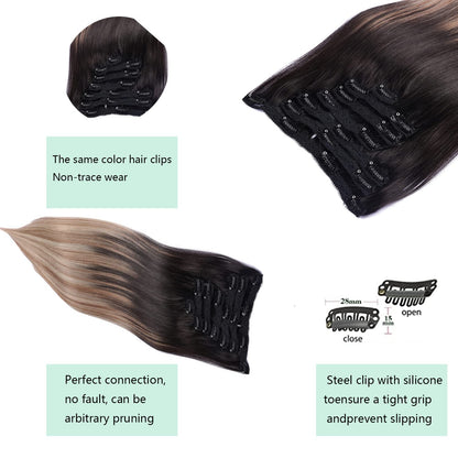 DIYOMO Ash Brown Fading to Dirty Blonde and Ash Blonde Clip in Hair Extensions Real Human Hair Remy Seamless Straight Natural Clip ins Thick 120g 7pcs Clip on Hair Extensions Clip in Human Hair for Women,#T1B-8P/60