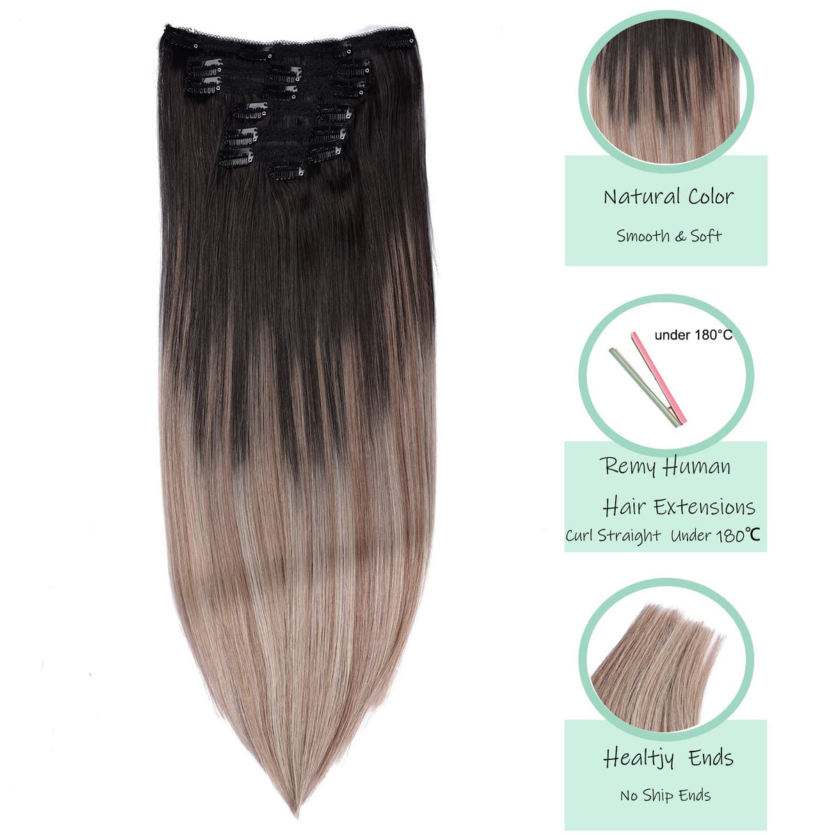 DIYOMO Ash Brown Fading to Dirty Blonde and Ash Blonde Clip in Hair Extensions Real Human Hair Remy Seamless Straight Natural Clip ins Thick 120g 7pcs Clip on Hair Extensions Clip in Human Hair for Women,#T1B-8P/60